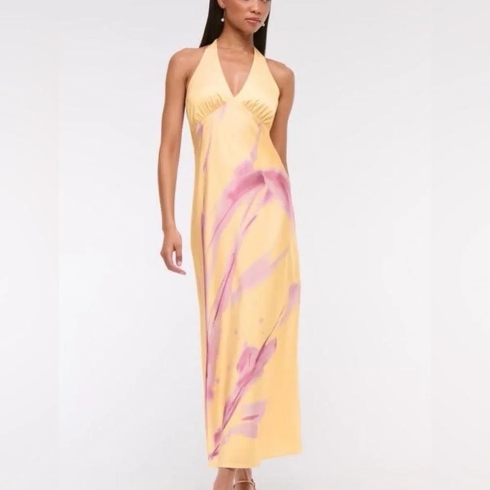 Abercrombie and Fitch Yellow Halter V-Neck Dress with Pink Accents